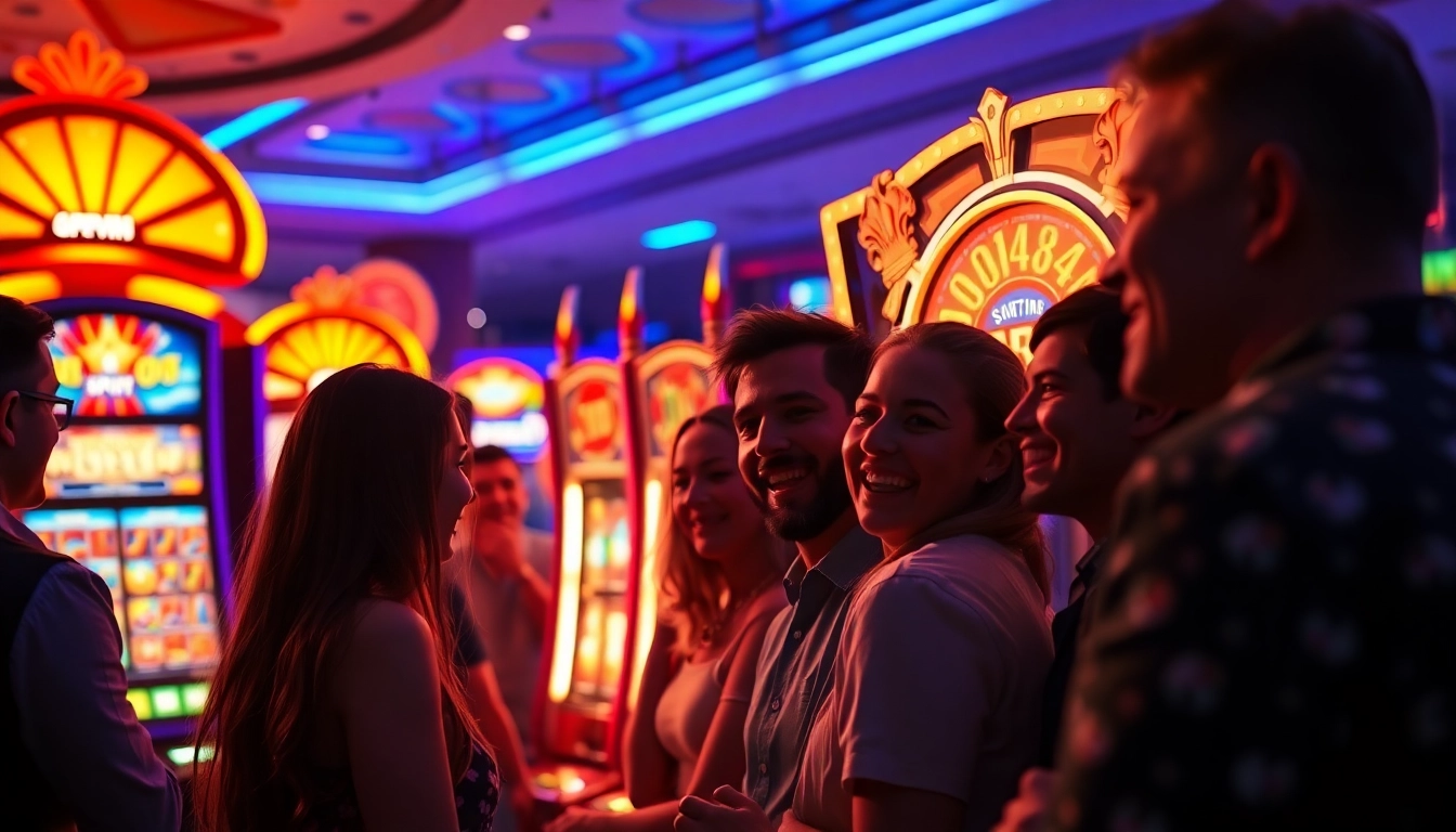 Pemain bersemangat memainkan ondel4d slot di kasino yang cerah dan berwarna-warni.
