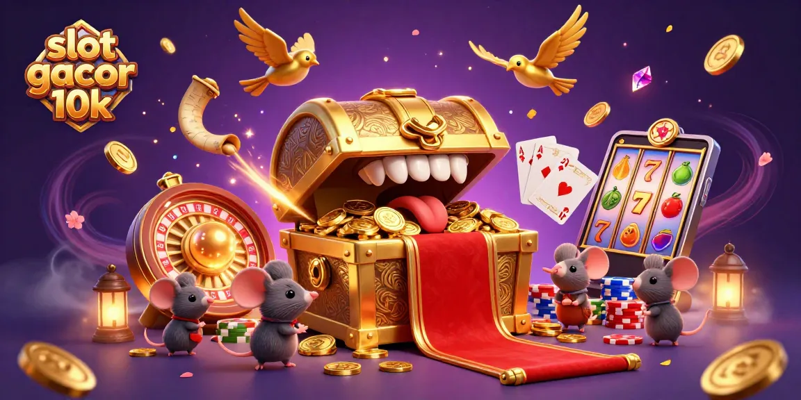 Engage with slot gacor 10k in a vibrant casino atmosphere filled with treasure chests, coins, and festive energy