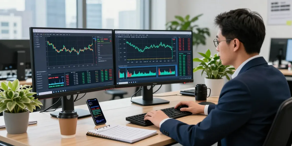 Trader using MetaTrader 5 charts and analysis in a professional office setting.