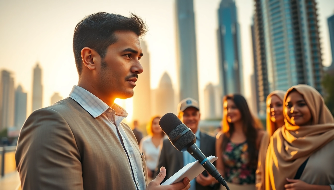 تغطية أخبار Emiratenewsday.com في صباح مشمس مع مراسل يتحدث إلى المواطنين.