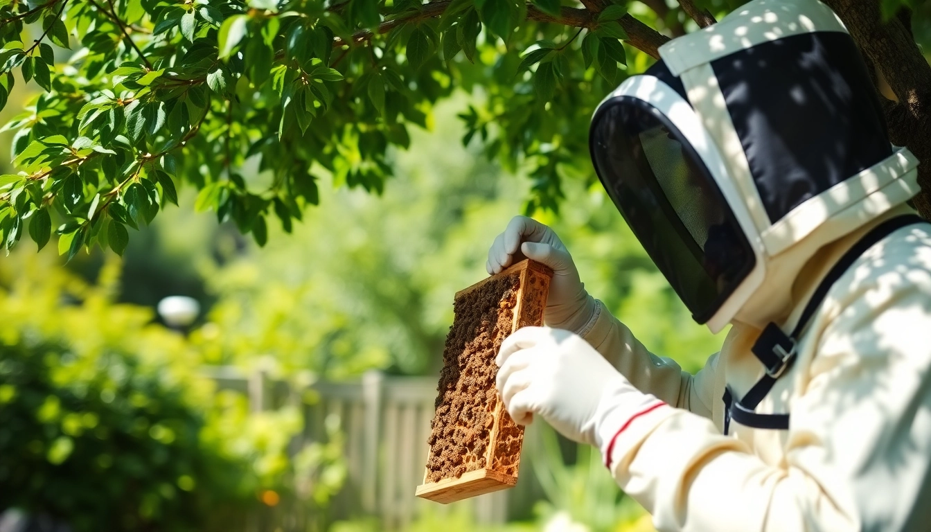 Engaging honey bee hive removal by a skilled beekeeper in residential backyard setting.