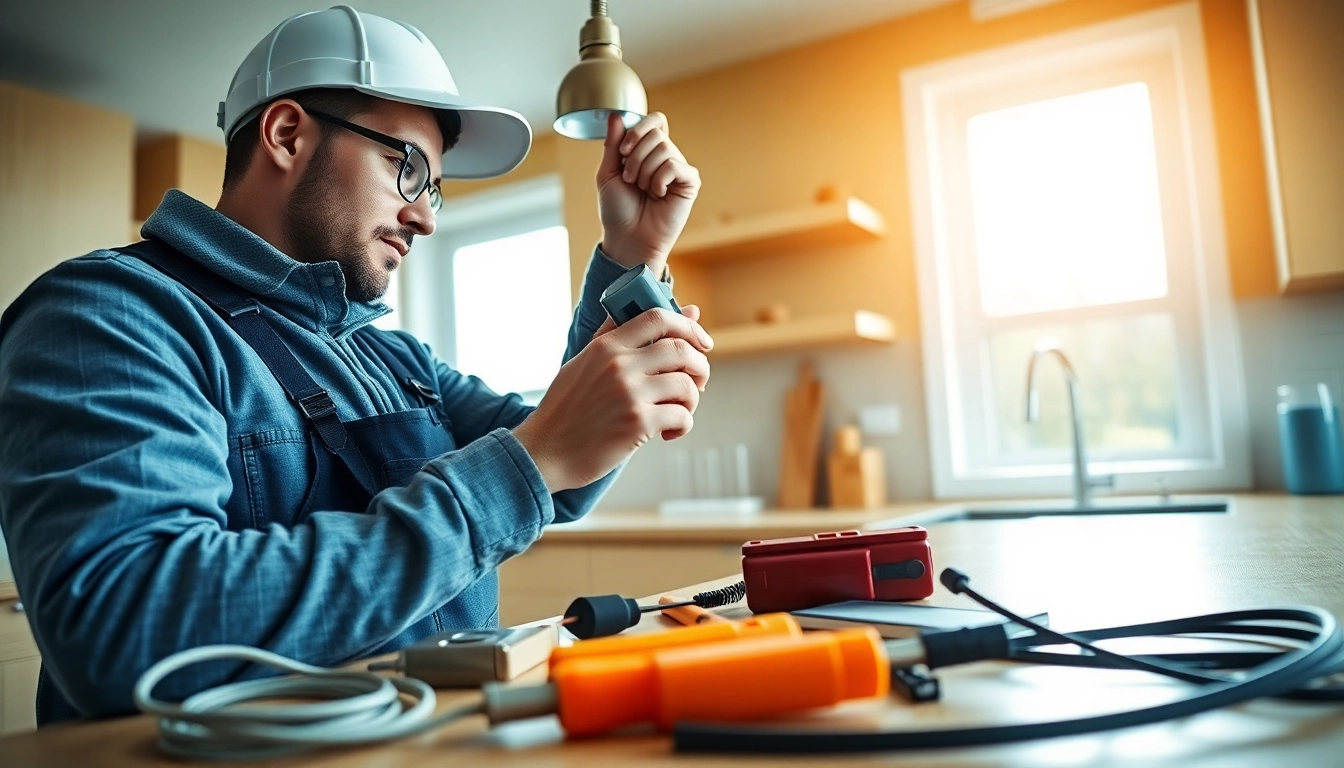 Showcasing electrical services vancouver, a skilled electrician installs lighting fixtures in a modern kitchen.