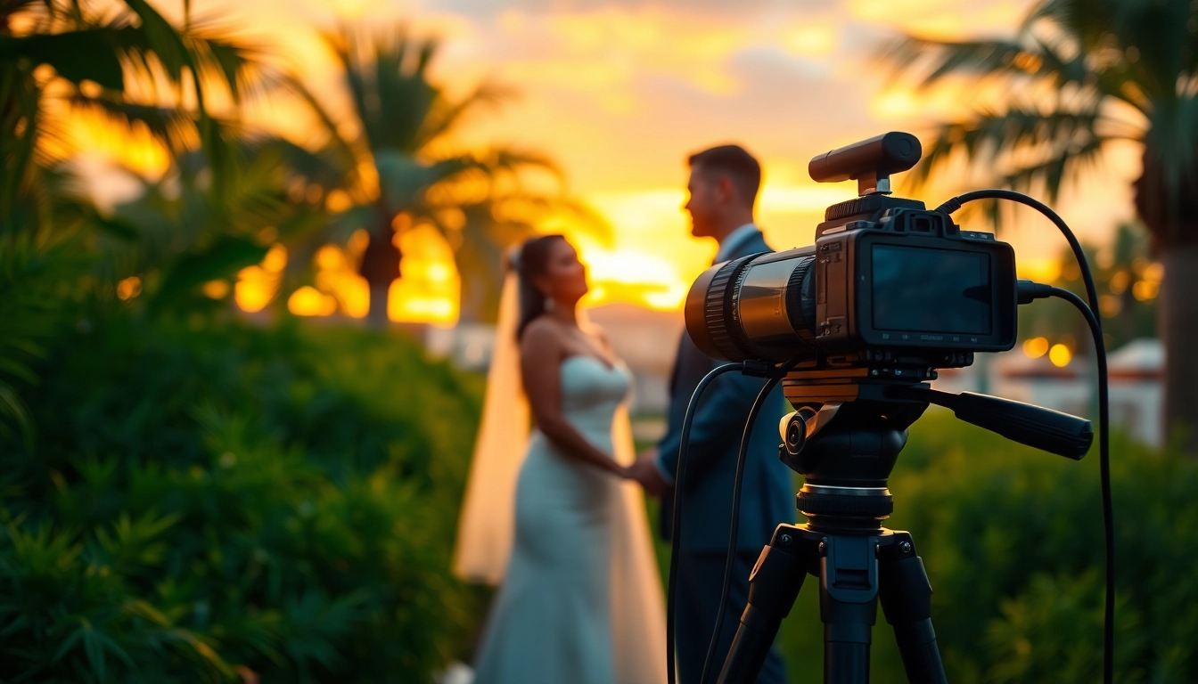 Capture a beautiful moment with Phoenix videographer at a wedding, surrounded by greenery and sunset colors.