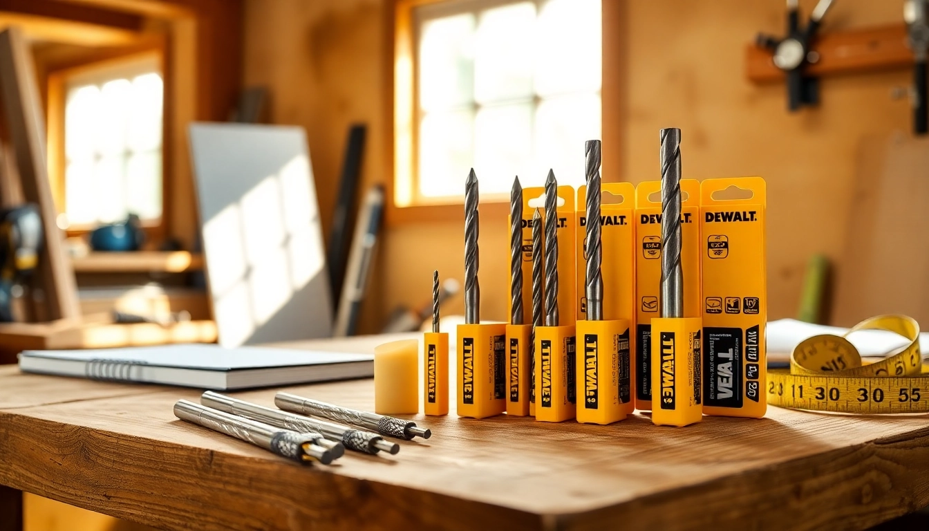 Discover DeWalt drill bits showcasing precision and versatility, expertly arranged on a wooden workbench.