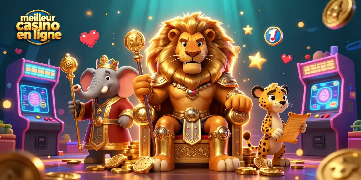Jouez au meilleur casino en ligne avec le lion royal, l'éléphant sage et le guépard rapide, entourés d'éléments de jeu.