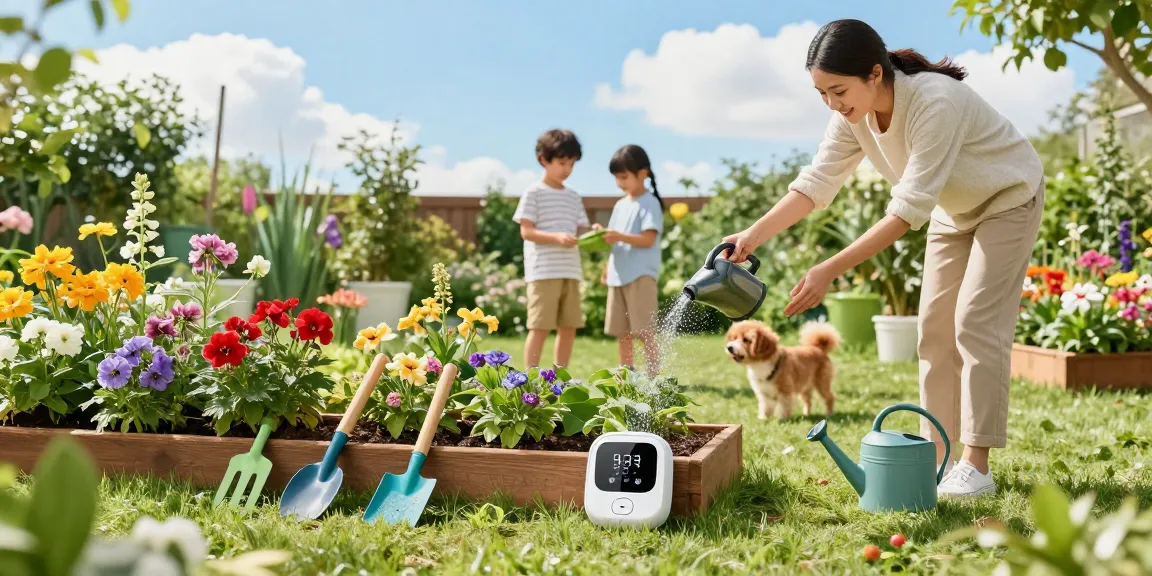 Family using rainpoint wifi water timer to effortlessly manage garden watering in a sunny backyard.