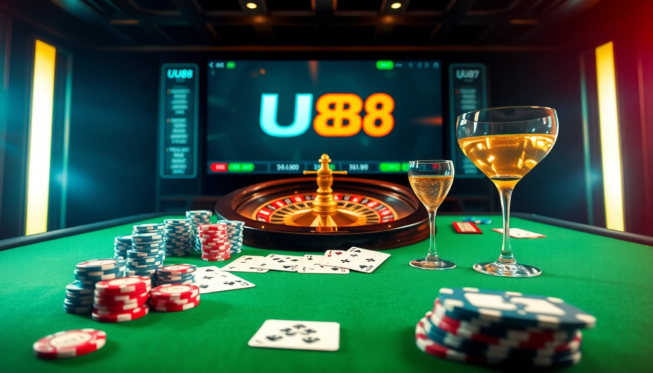 Engaging scene of online gambling with poker chips and UU88 branding.
