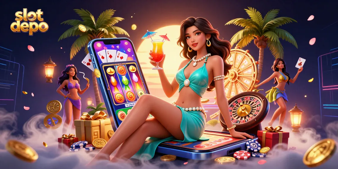 Spin the reels at slot depo with a stunning woman enjoying a tropical casino atmosphere.