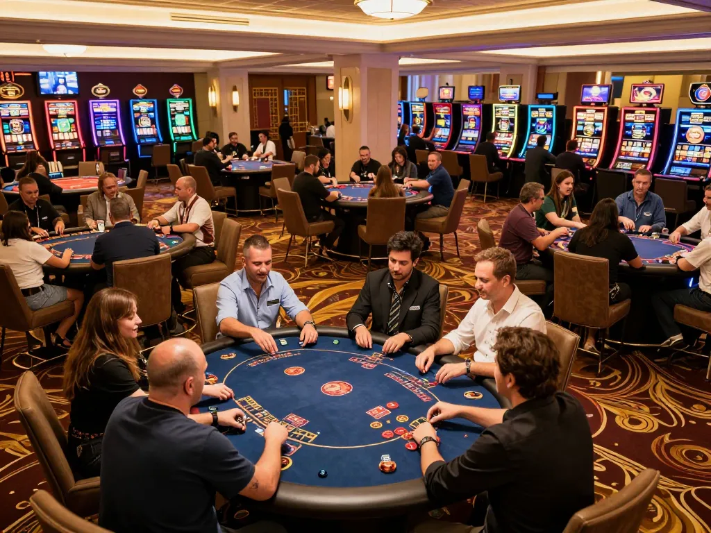 Players immersed in games at 789Win's luxurious casino floor, showcasing excitement and strategy