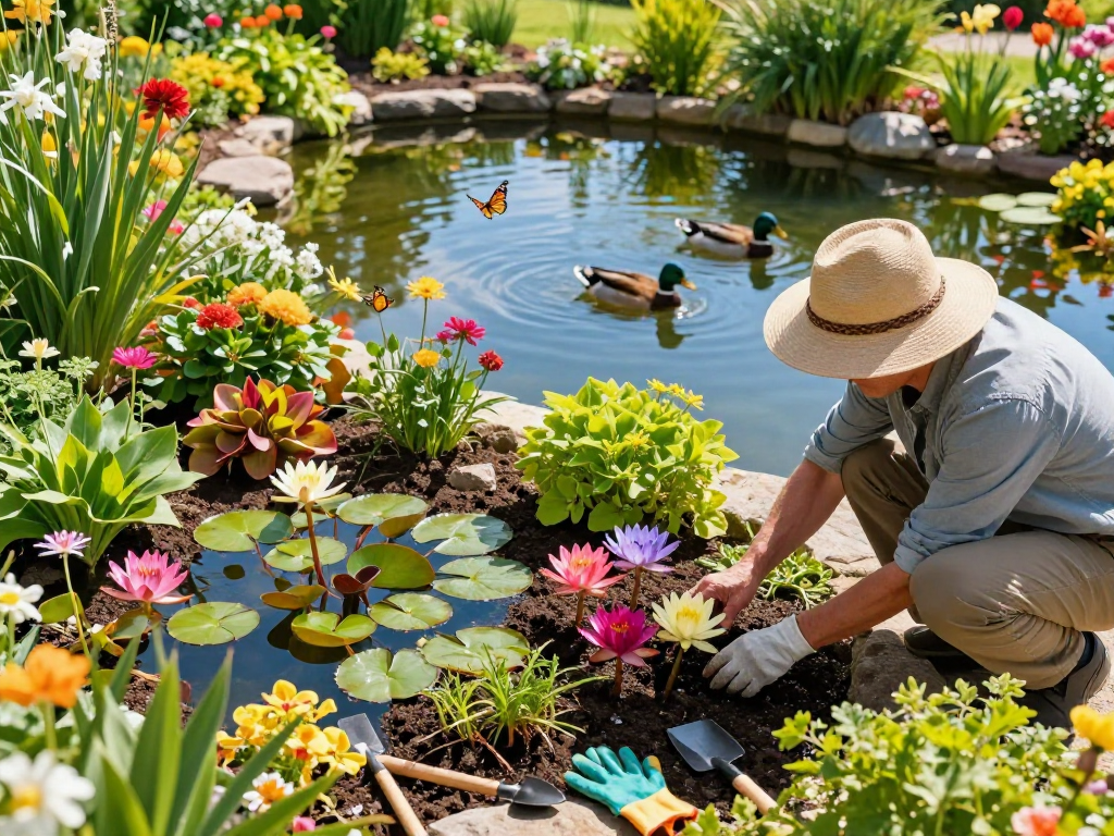 Buy Pond Plants Online - A gardener planting vibrant water lilies in a sunny pond garden.