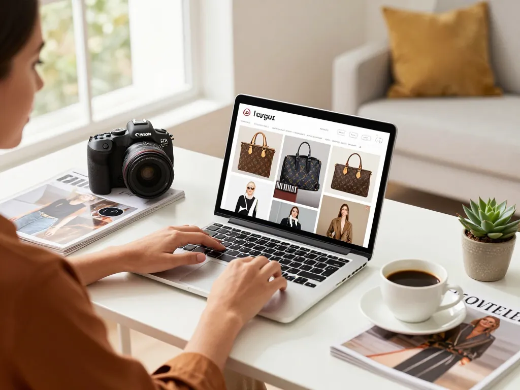 Stylish shopper exploring a luxury 레플리카 쇼핑몰 on a sleek laptop in a bright home office.