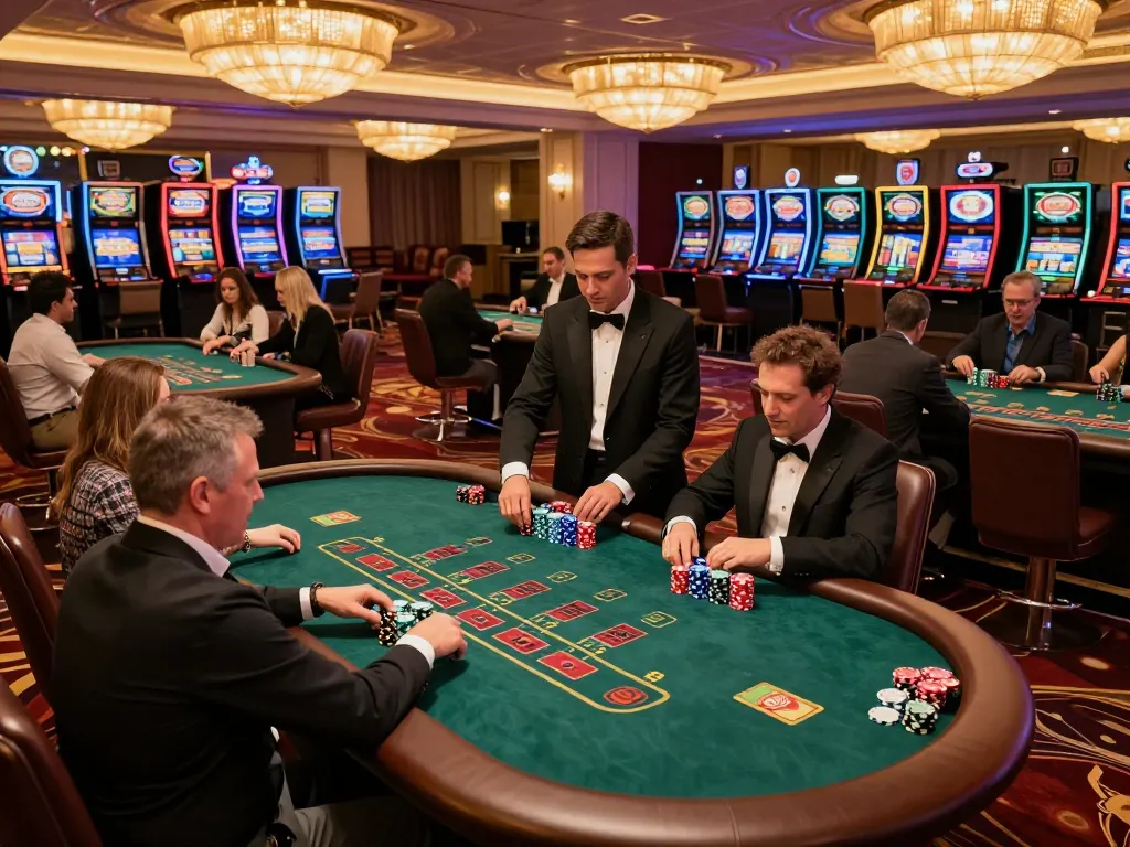 Players at blackjack tables engaging in strategy-driven gameplay with 777X ambiance in a luxury casino.