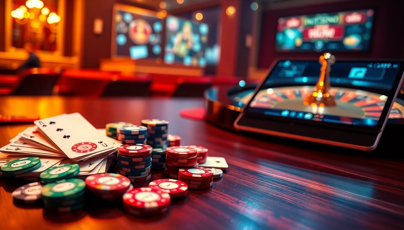 Engage with the thrilling games at https://3king.cn.com/, featuring cards, chips, and a roulette wheel in a luxurious casino setting.