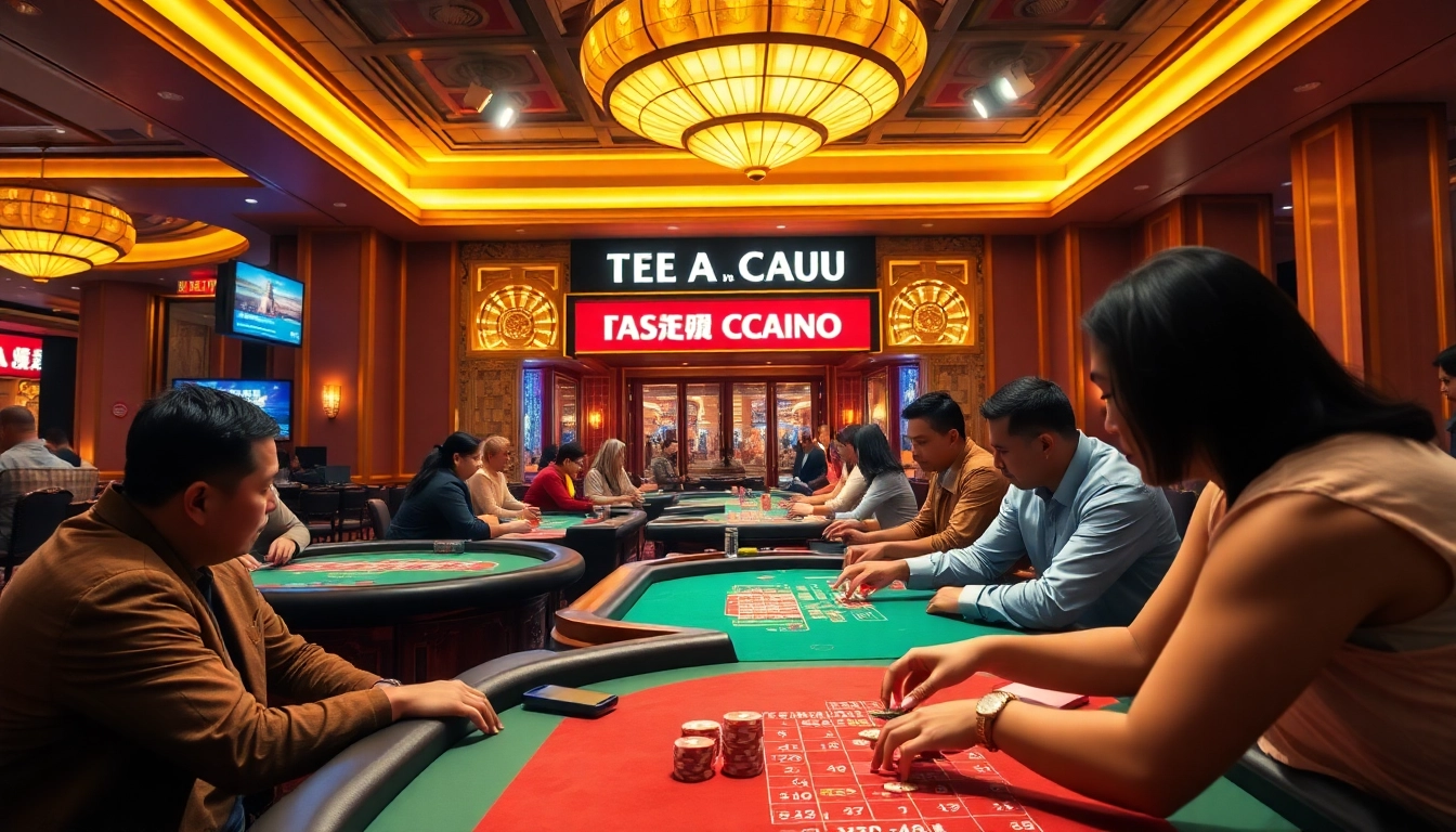 Dalam lemacau casino, pemain teruja di meja permainan yang berkilau.