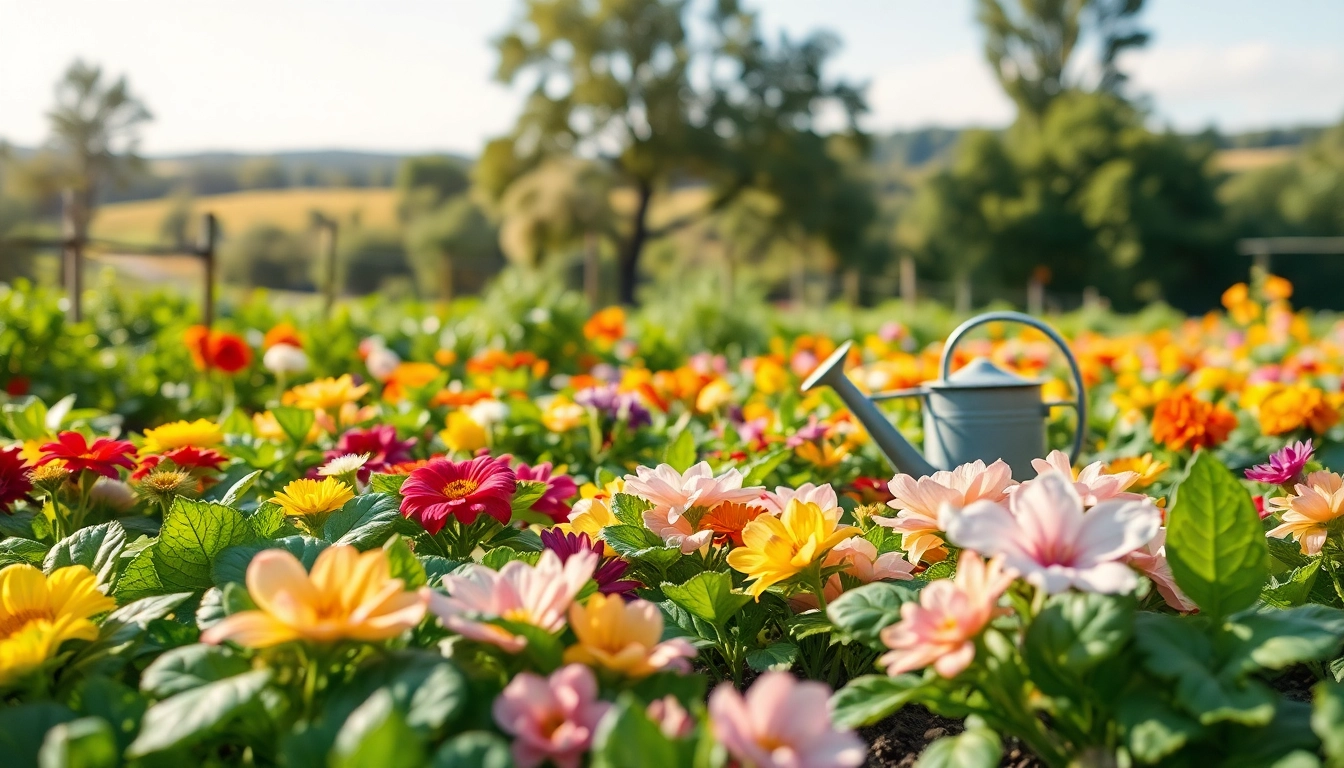Engaging Gardening scene with vibrant flowers and plants showcasing a lush garden environment.