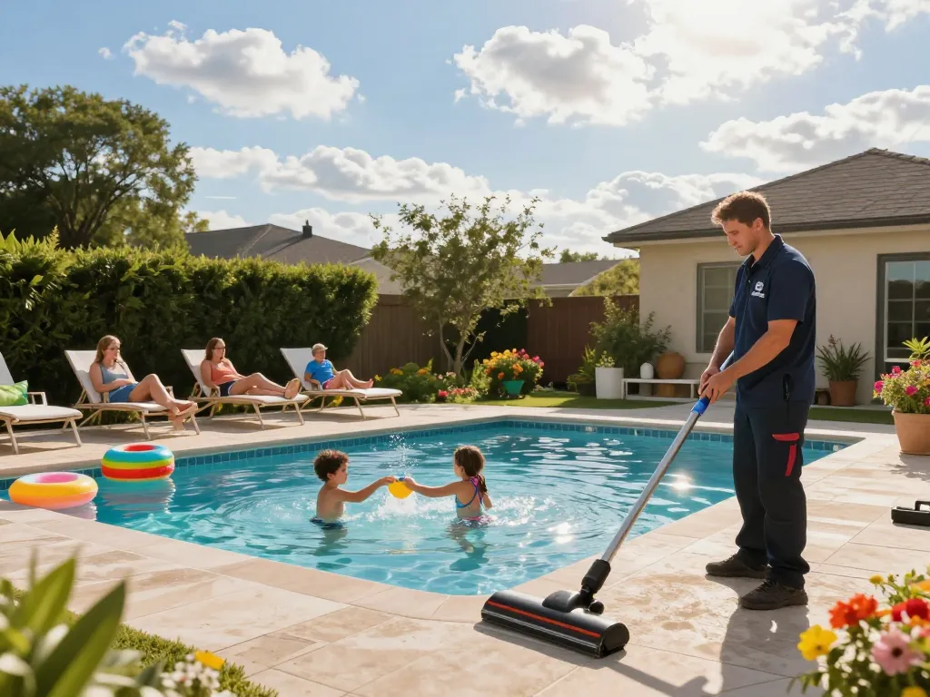 Dolphin Pool Services maintenance technician ensuring family enjoyment at a sparkling pool.