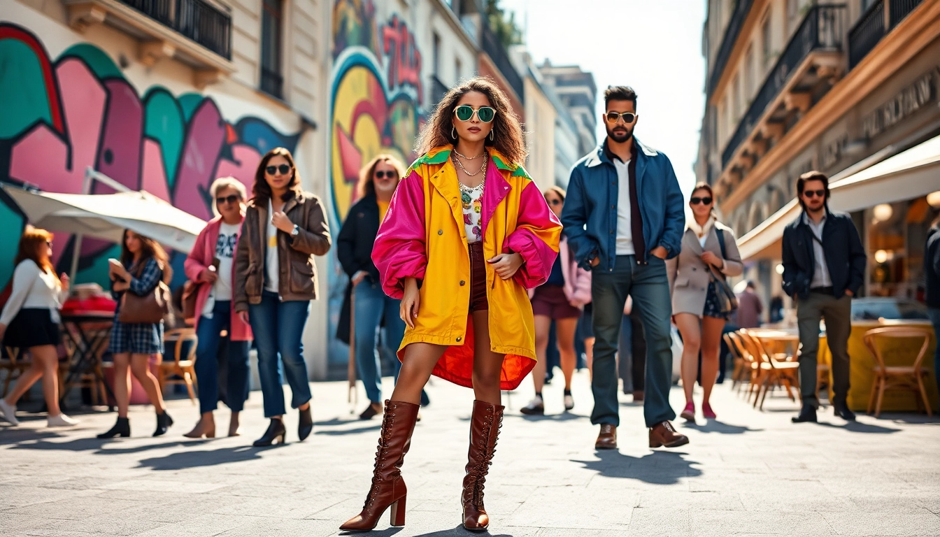 A vibrant street scene demonstrating the latest fashion trends with stylish models showcasing unique outfits.