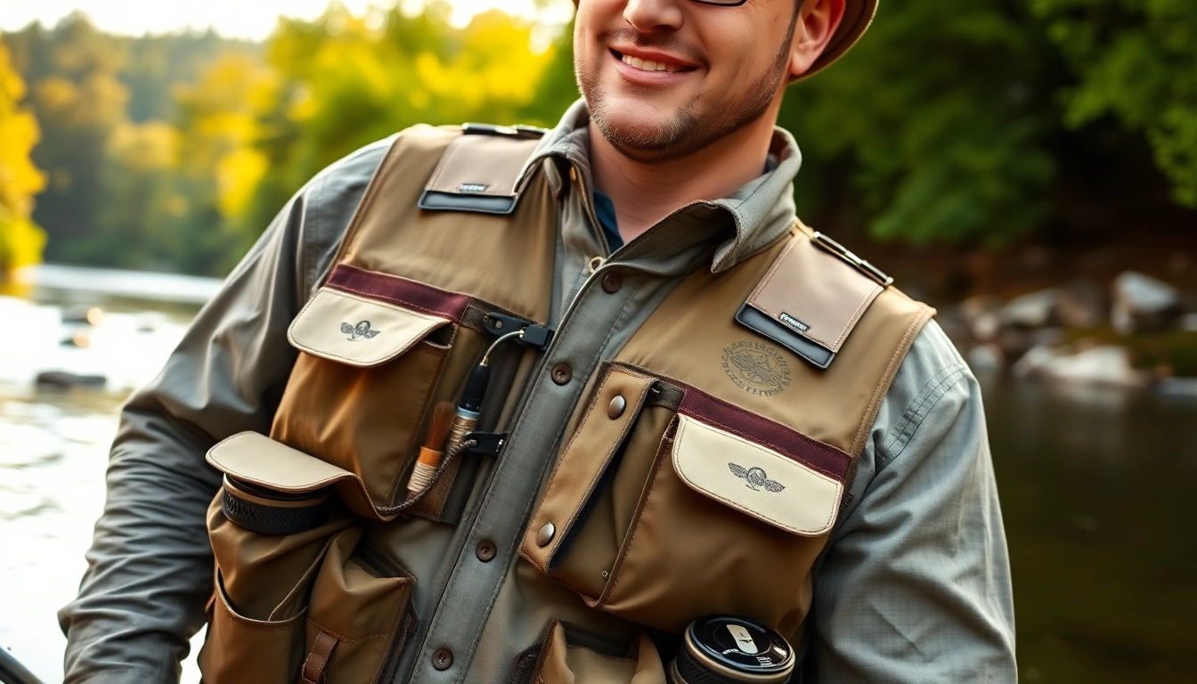 Angler wearing a fly fishing vest in a tranquil river setting, showcasing fishing gear.