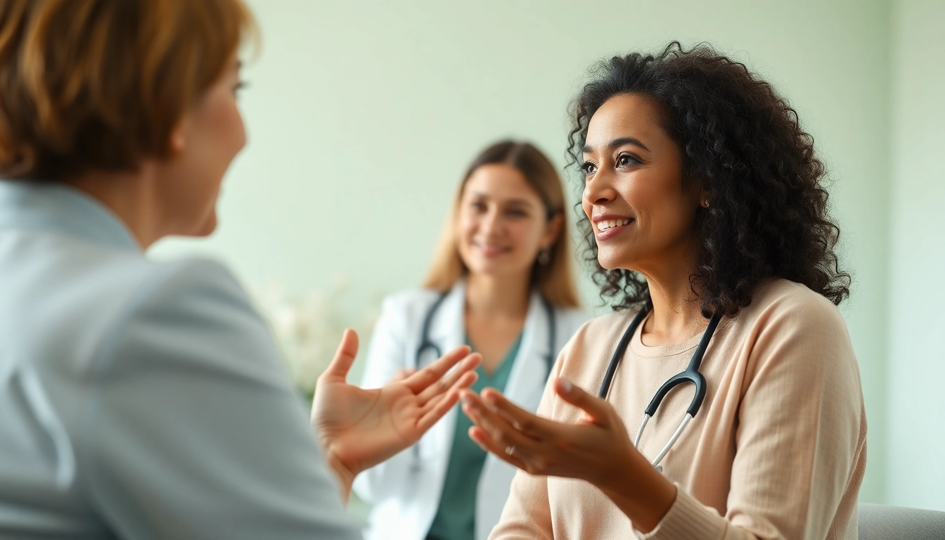 Engaging women's health expert showcasing https://womens-health-advice.org in a calming clinic.