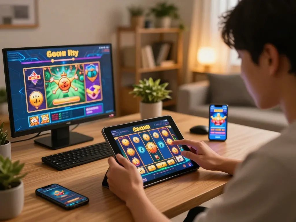 Playing link slot gacor on a tablet at home, showcasing engaging game interface and cozy setting.