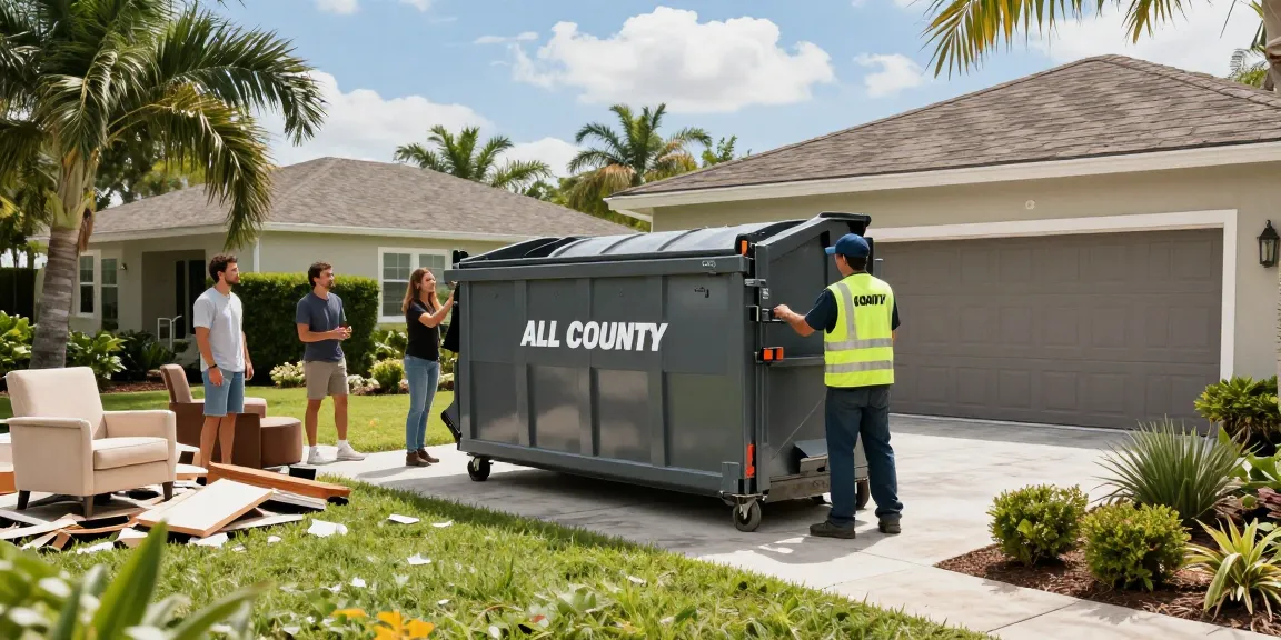 Reliable dumpster rental in Boca Raton FL with All County Dumpsters team delivering a 20-yard roll-off dumpster to a residential home.