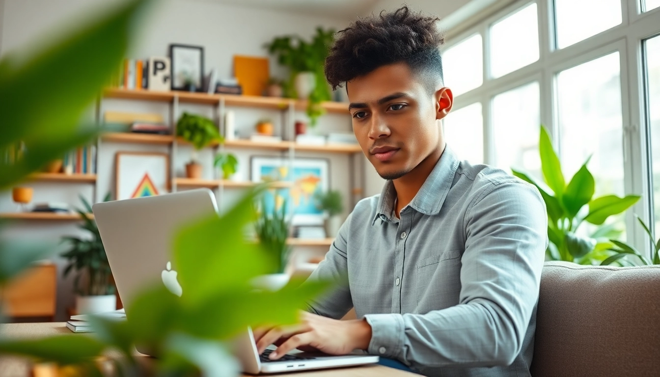 Person working from https://wpedition.com in a bright home office filled with colorful decor.