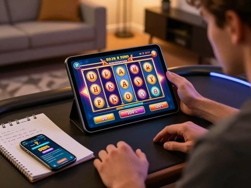 Engaging with the tablet to claim slot bonus new member 100% at home gaming desk filled with strategy notes.