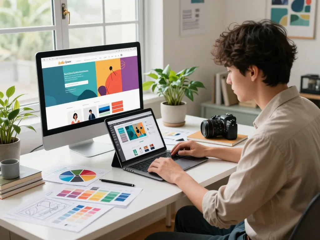 Freelance website designer collaborating with a client in a modern workspace, showcasing creativity and innovation.