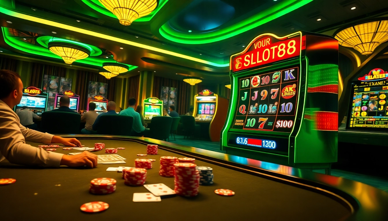 Engaging players at a SLOT88 slot machine under vibrant casino lights.