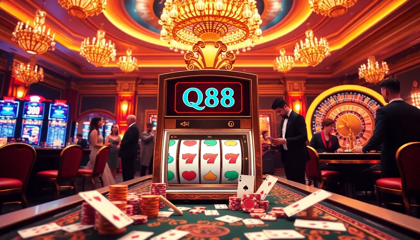 Nổ Hũ QH88 slot machine image showcasing players enjoying a luxurious casino atmosphere.