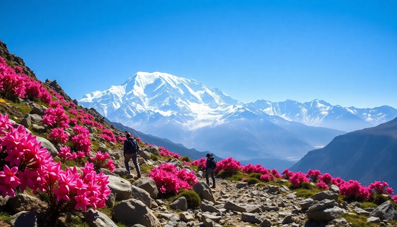 Trekkers enjoying the scenic beauty of Goechala trek with Kanchenjunga peak looming in the background.