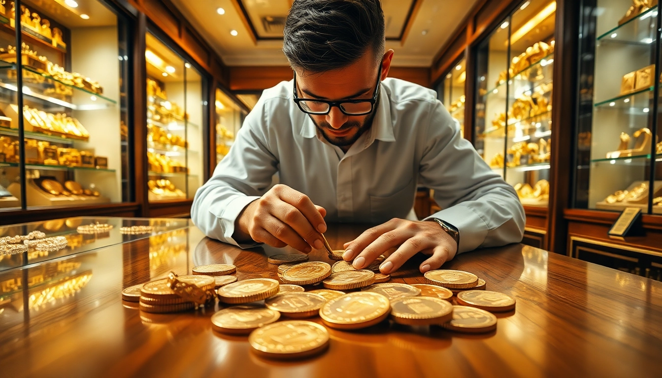 Goldankauf: Juwelier prüft wertvolle Goldmünzen und Schmuck im Laden.