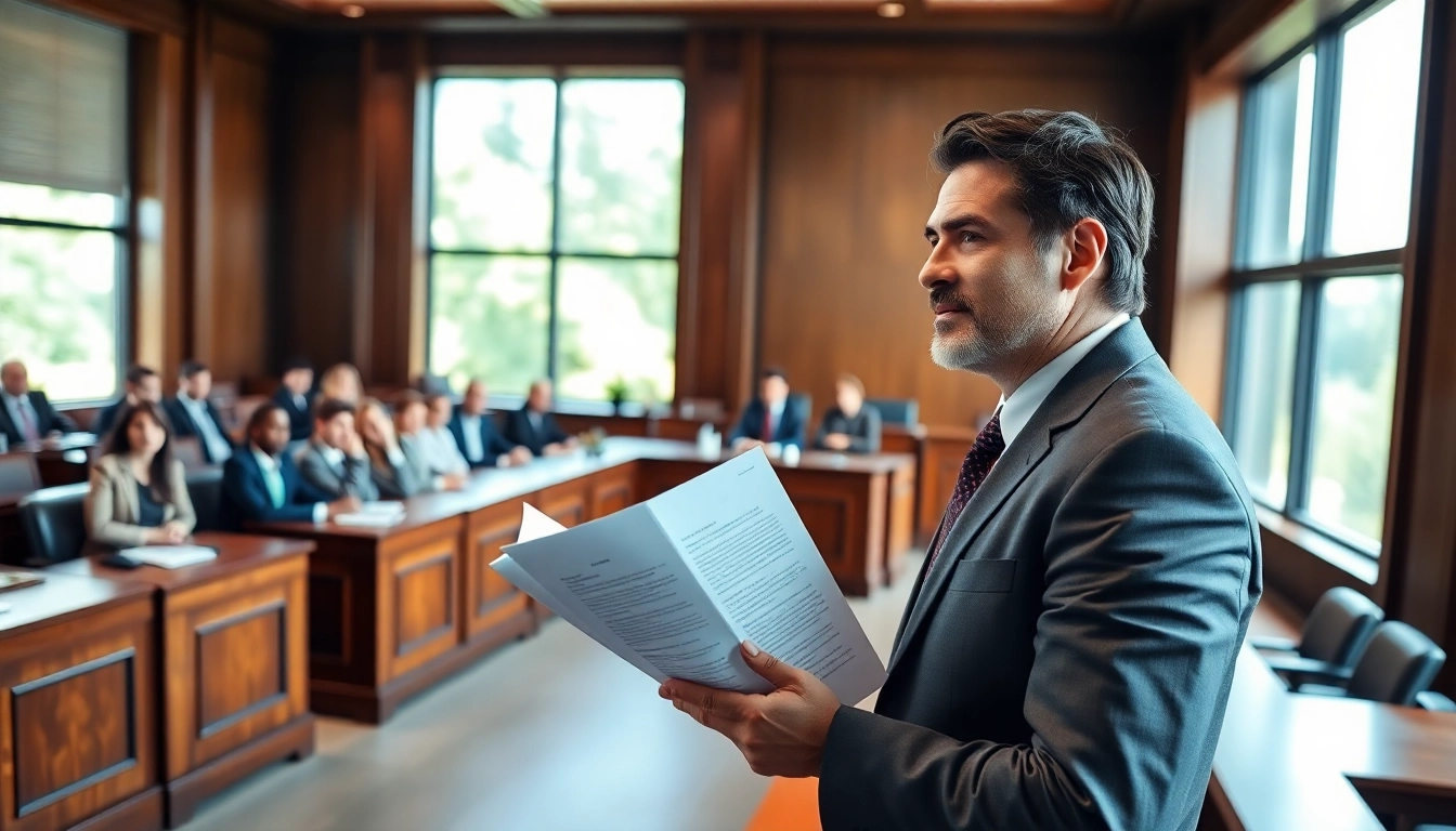 Showcasing agricultural law expertise, a lawyer confidently presents in a modern courtroom.