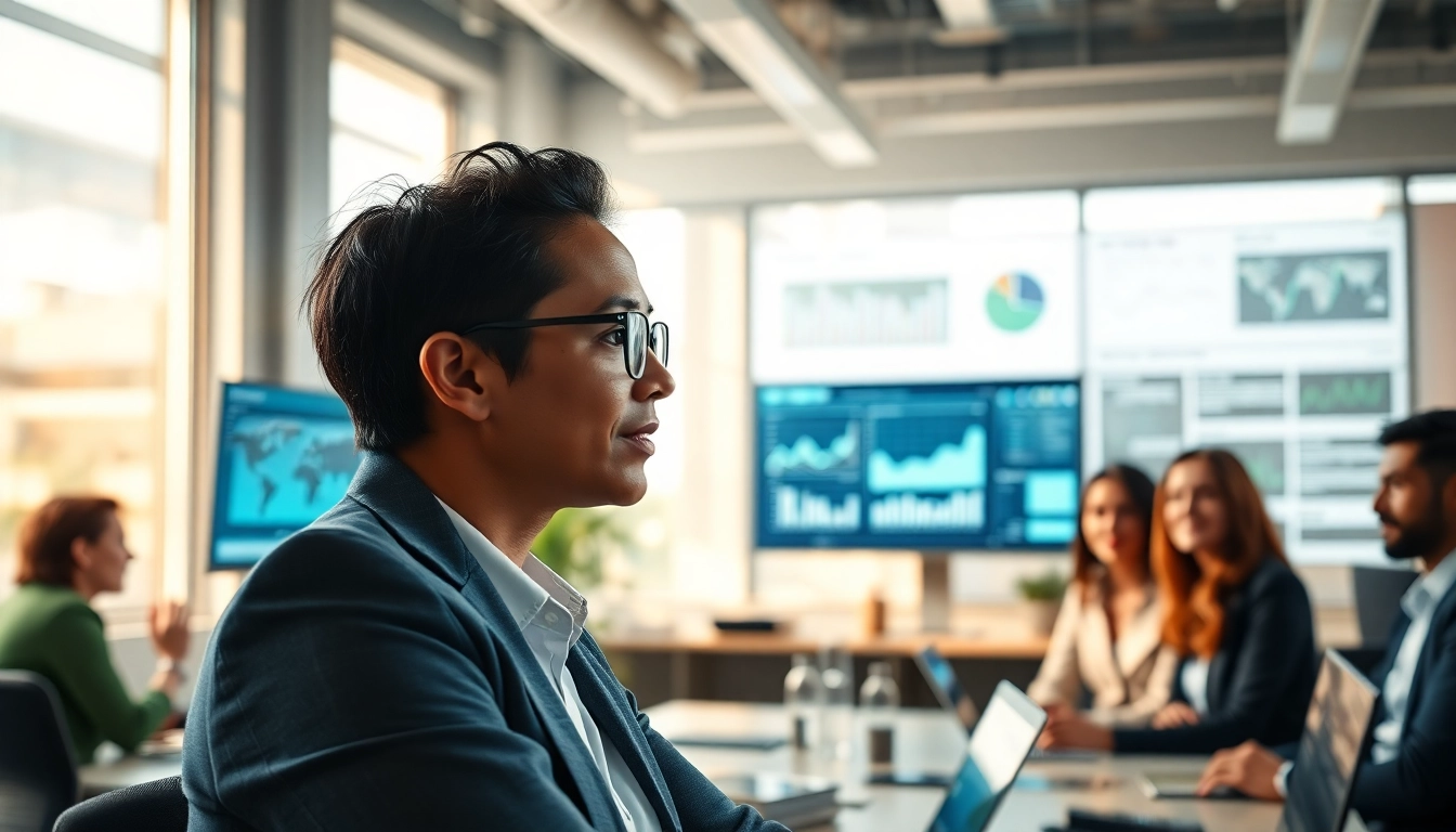 Engaging enterprise ai assistant aiding teams in a modern office setting.