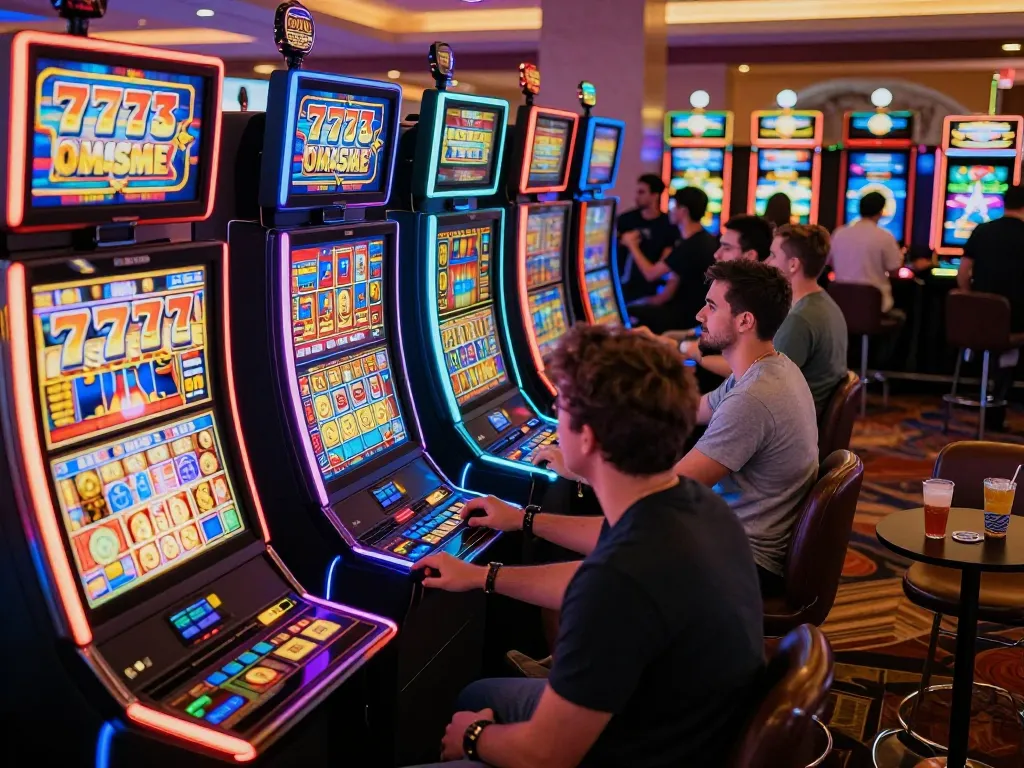 Players enjoying dynamic slot 777 games in a colorful casino atmosphere with vibrant lighting