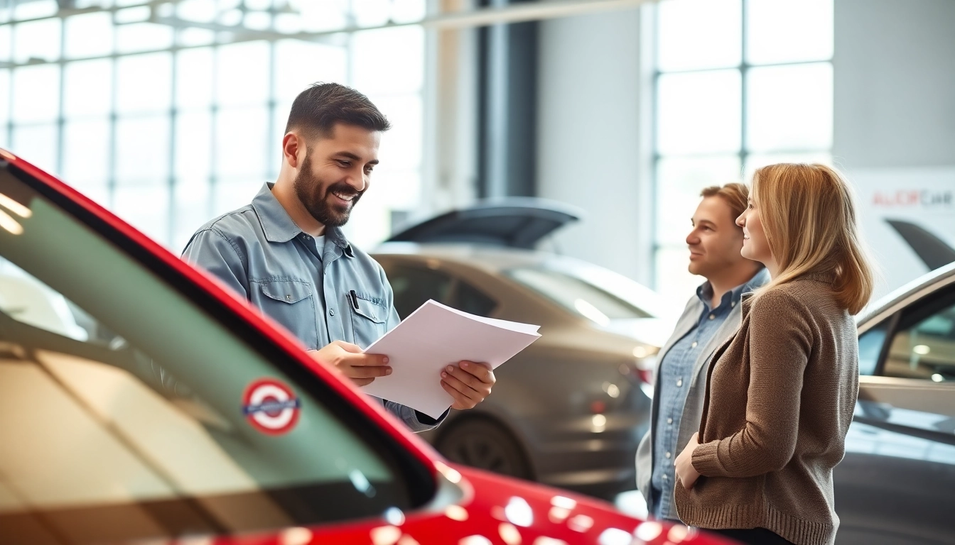 Engaging vehicle service contract provider showcasing options in an automotive center.