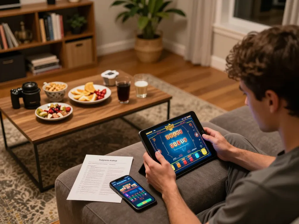 Engaging home gaming scene featuring เว็บตรงสล็อต gameplay on a tablet.