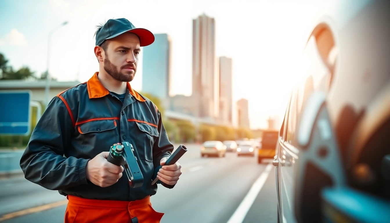 Mechanic providing roadside assistance Nashville TN to stranded motorist in urban setting.