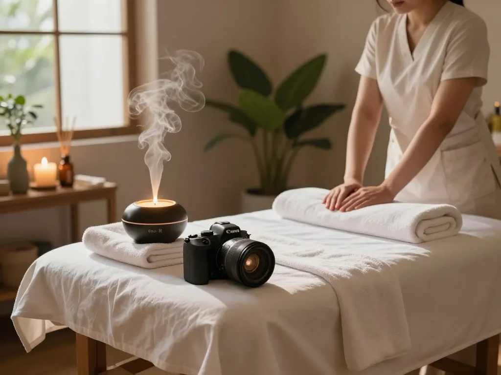 Relaxing Swedish massage therapy scene in a serene studio, showcasing 서초스웨디시 with essential oils and calming atmosphere.