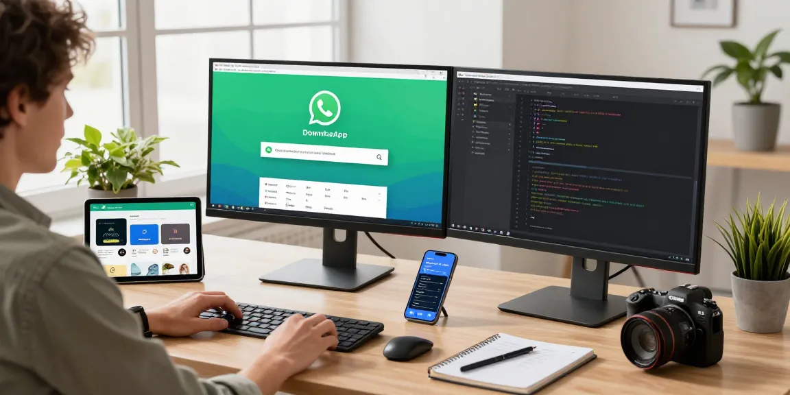 Easy WhatsApp下載 from a vibrant digital workspace with coding and app graphics in a bright office.