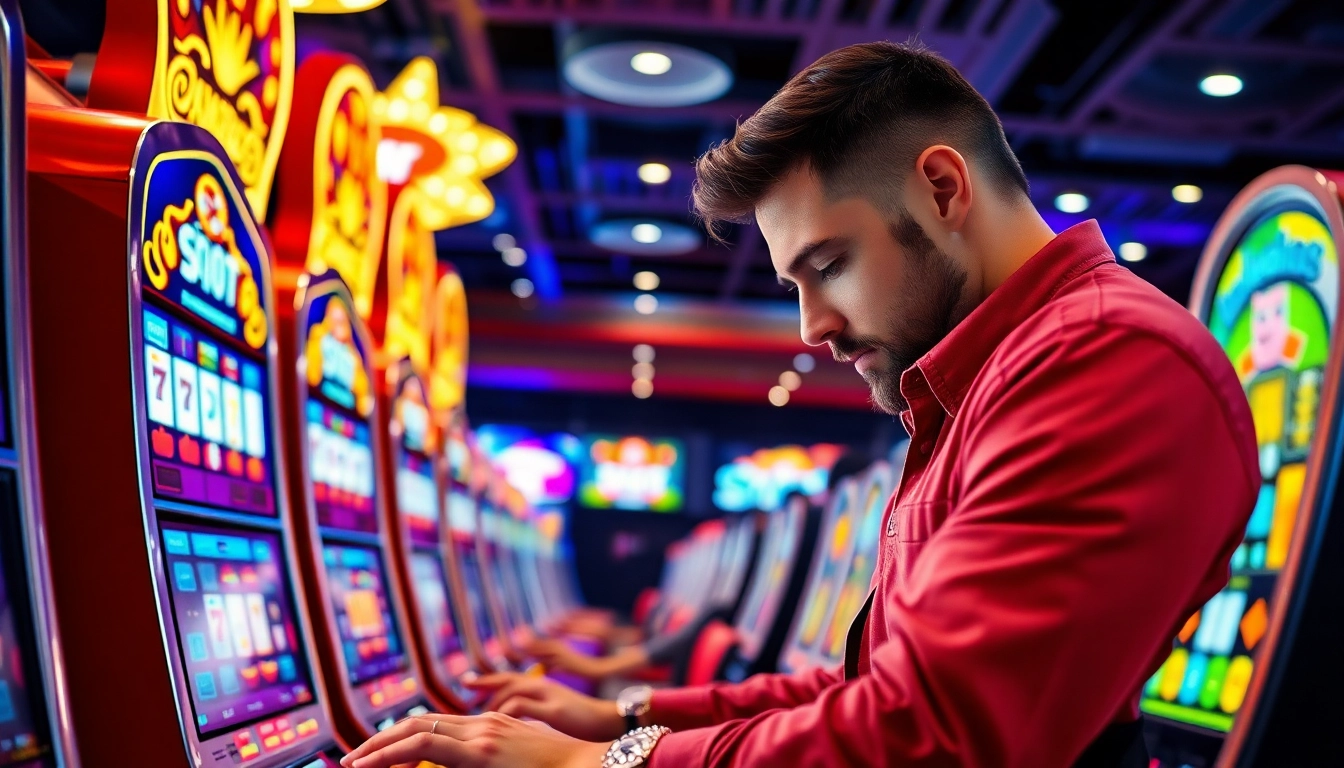 Gamer playing slot88 on an exciting slot machine in a vibrant casino atmosphere.