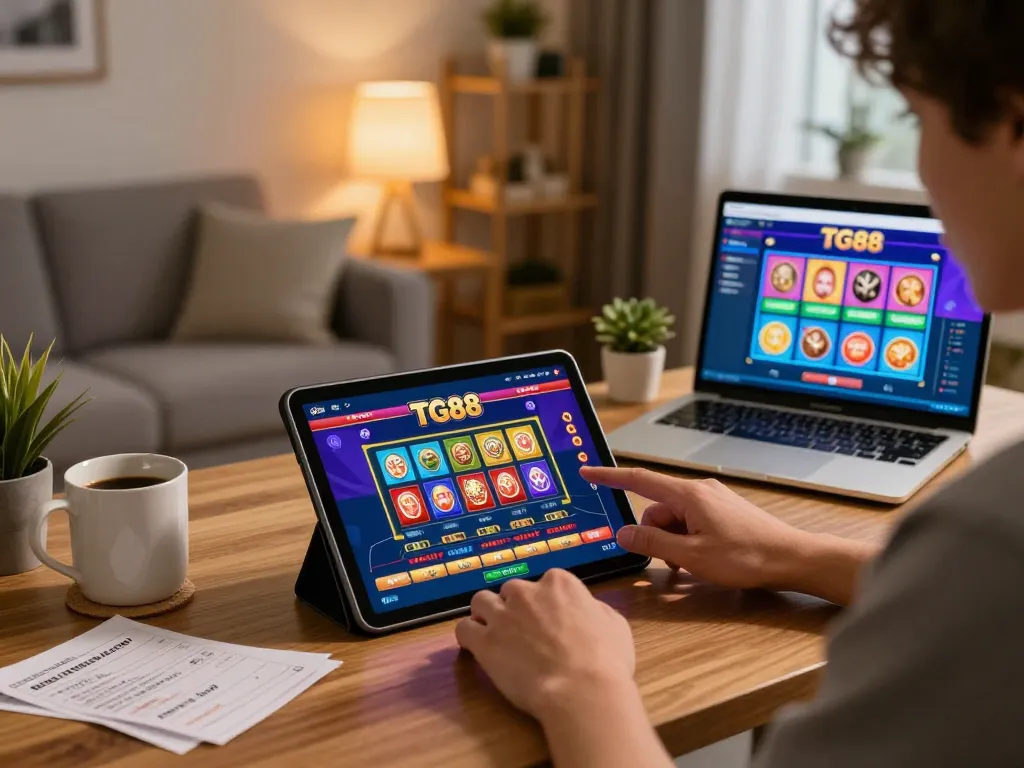 Engaging in online gaming with TG88 on a tablet in a cozy home setup, demonstrating strategic betting.