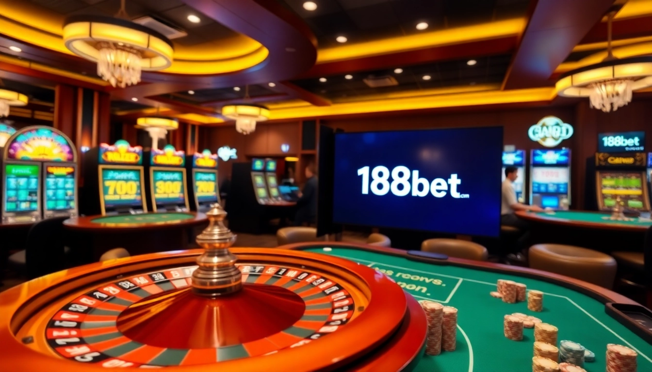 Experience the thrill of gambling at 188bet.com with vibrant slot machines and a high-stakes roulette wheel.