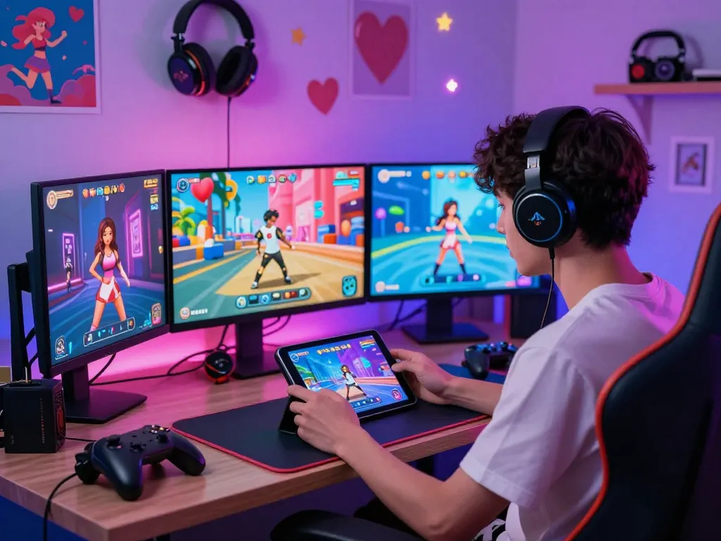 Engaging scene of a character playing a sex simulator game on a tablet, showcasing vibrant visuals and accessories in an immersive gaming room.