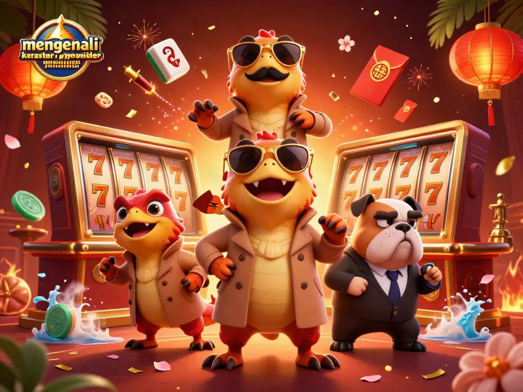 Ilustrasi 3D yang menampilkan momen mengenali karakter setiap provider permainan di kasino dengan raptor dan bulldog.