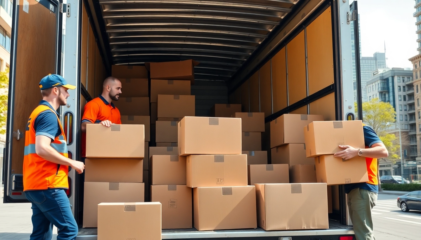 Movers and packers loading boxes into a truck, showcasing teamwork and professionalism.