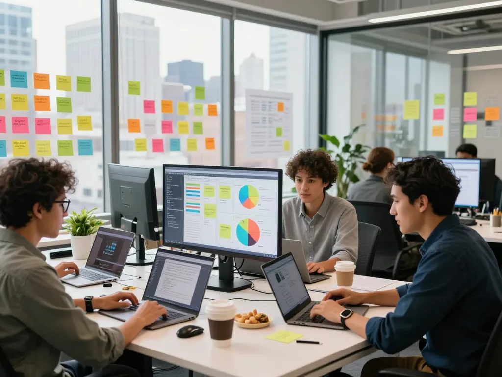 SEO Company in NYC team collaborating in a vibrant modern office with digital analytics.