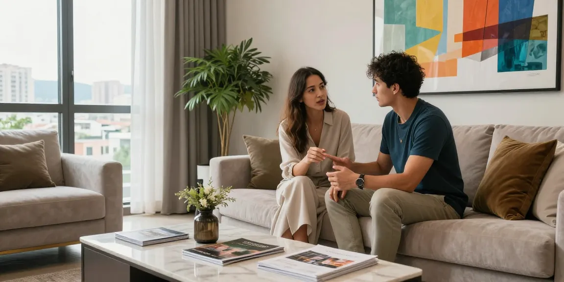 Stylish couple discussing features to buy apartment Tirana in a luxurious modern living room.