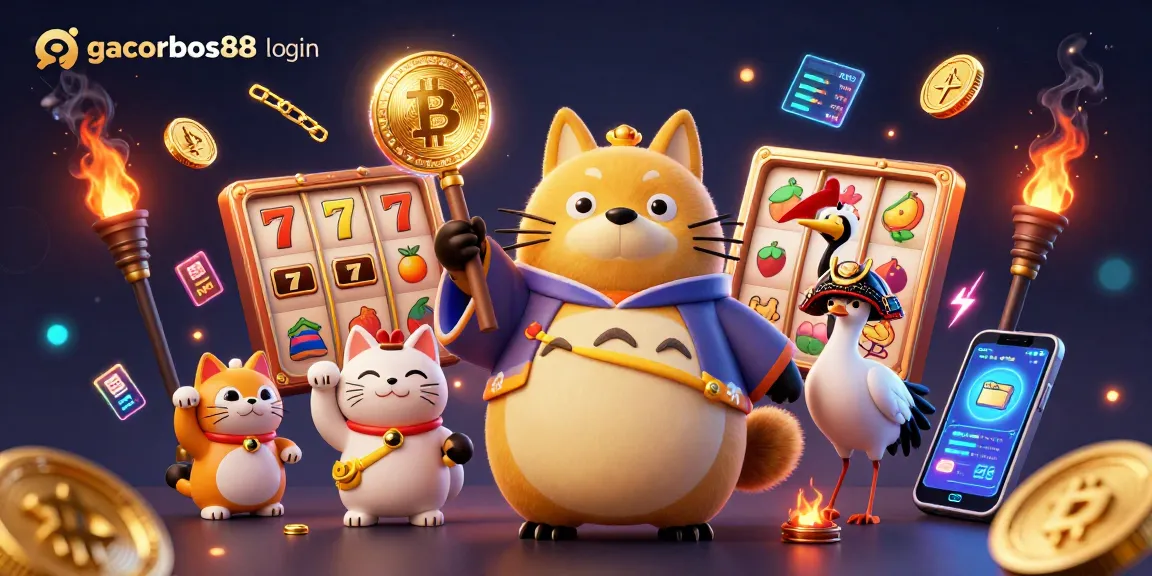 Spin the reels with gacorbos88 login, featuring a tanuki and crypto elements enhancing your gaming experience.