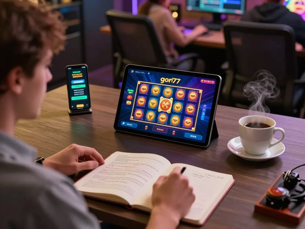 Engaging scene of a player enjoying gori77 on a tablet, showcasing online casino atmosphere.
